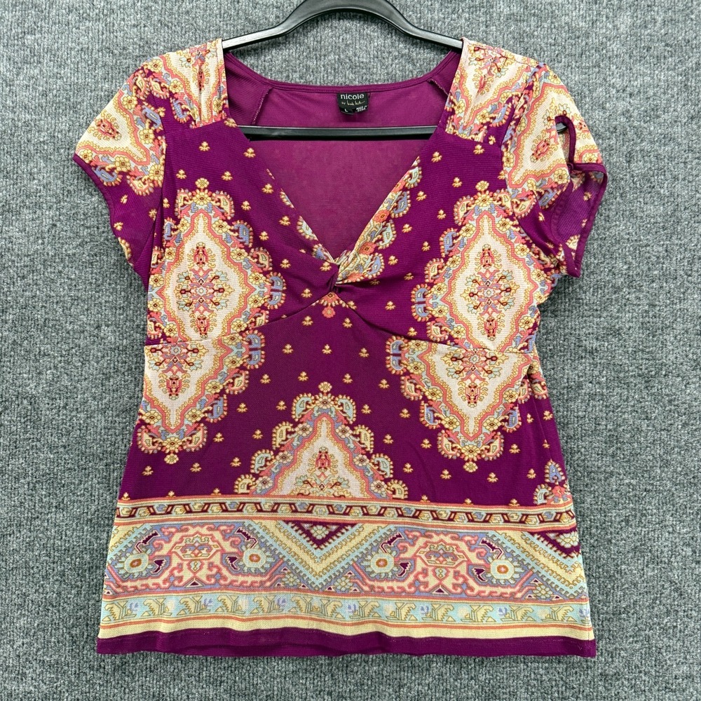 Vintage 90s Nicole Miller Top  Womens L Purple V-Neck Babydoll Y2K Casual‎ Gypsy